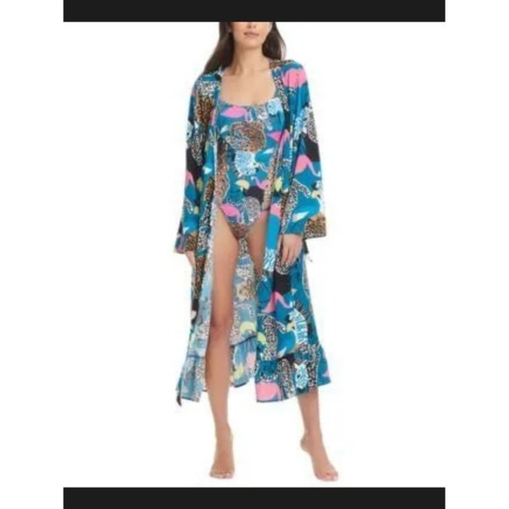 Red Carter Indigo Dye Multi Floral Long Tie-Waist Beach Robe Cover-Up - XL - $16